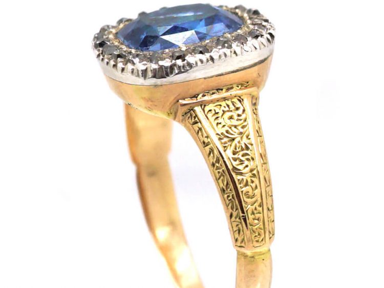 Early 20th Century 18ct Gold & Platinum, Sapphire & Diamond Cluster Ring with Ornate Shoulders