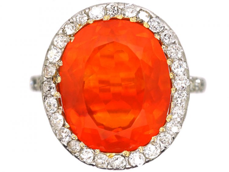 Early 20th Century 18ct Gold & Platinum, French Import Large Fire Opal & Diamond Cluster Ring