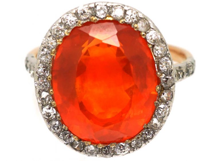 Early 20th Century 18ct Gold & Platinum, French Import Large Fire Opal & Diamond Cluster Ring