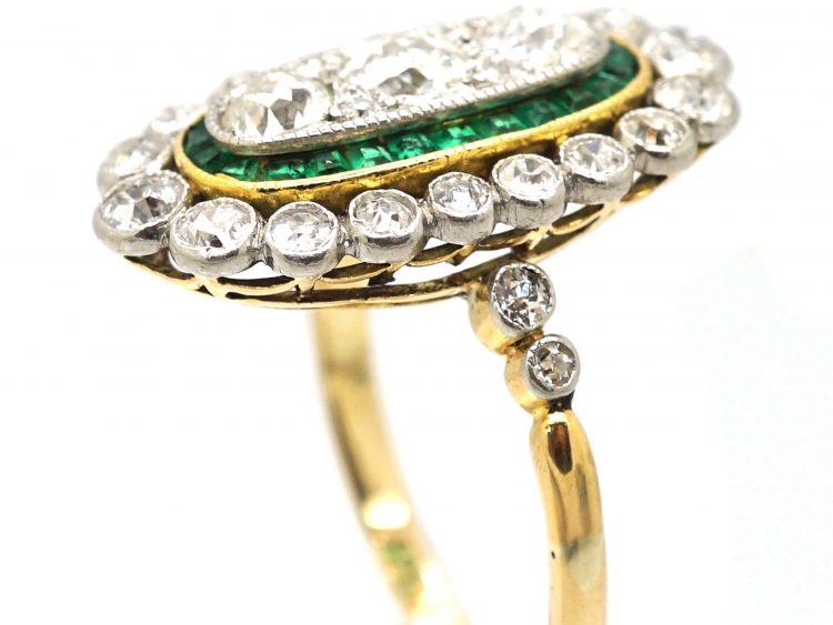 Early 20th Century 18ct Gold & Platinum, Emerald & Diamond Oval Ring