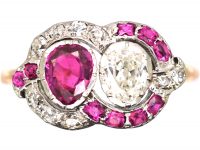 Georgian 15ct Gold & Silver, Ruby & Diamond Entwined Hearts Ring