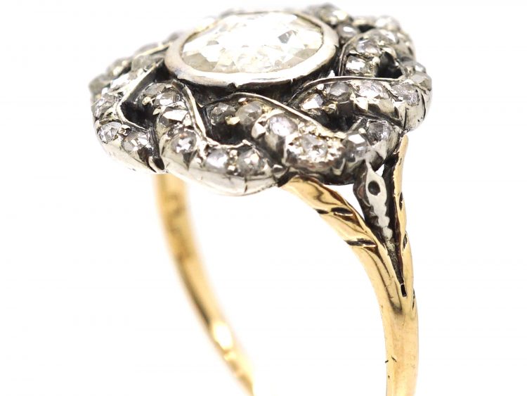 Georgian Rose Diamond Cluster Ring with Diamond set Ribbon Border