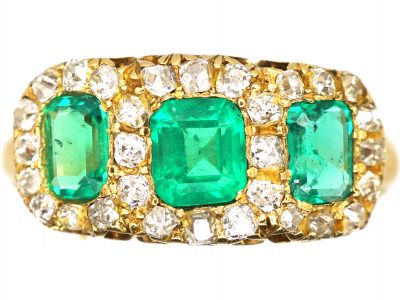 Victorian 18ct Gold, Three Stone Emerald & Old Mine Cut Diamond Ring