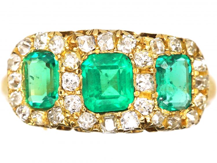 Victorian 18ct Gold, Three Stone Emerald & Old Mine Cut Diamond Ring