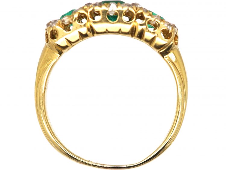 Victorian 18ct Gold, Three Stone Emerald & Old Mine Cut Diamond Ring