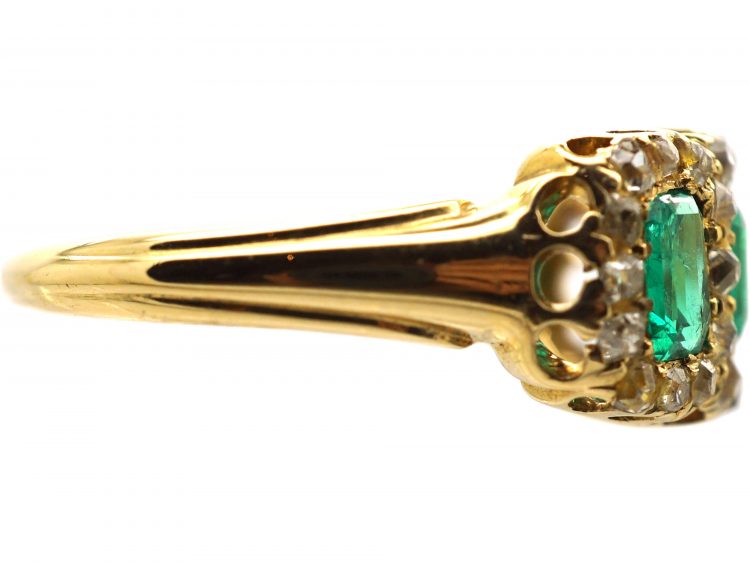 Victorian 18ct Gold, Three Stone Emerald & Old Mine Cut Diamond Ring