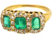 Victorian 18ct Gold, Three Stone Emerald & Old Mine Cut Diamond Ring