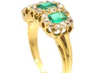 Victorian 18ct Gold, Three Stone Emerald & Old Mine Cut Diamond Ring
