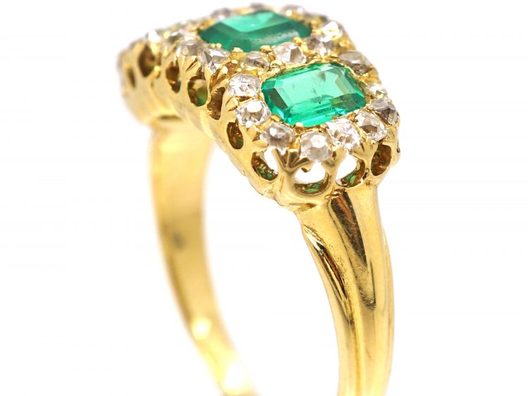 Victorian 18ct Gold, Three Stone Emerald & Old Mine Cut Diamond Ring