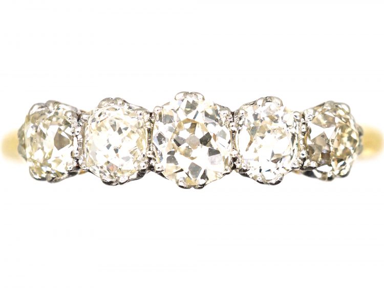 Edwardian 18ct Gold, Five Stone Old Mine Cut Diamond Ring