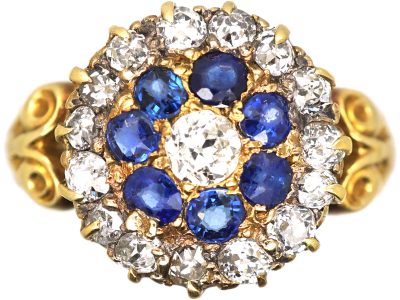 Edwardian 18ct Gold Cluster Ring set with Sapphires & Diamonds with Ornate Shoulders