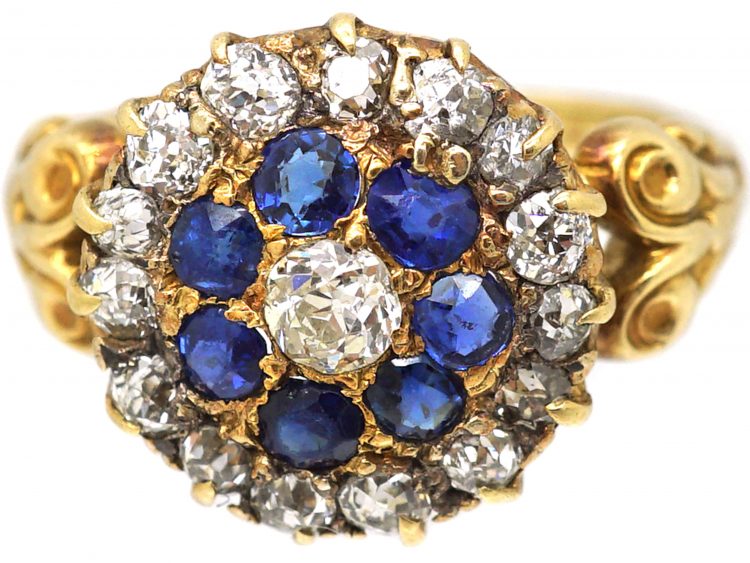 Edwardian 18ct Gold Cluster Ring set with Sapphires & Diamonds with Ornate Shoulders