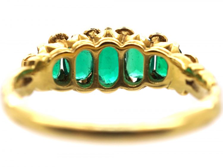 Victorian 18ct Gold, Five Stone Emerald Ring with Diamond Points