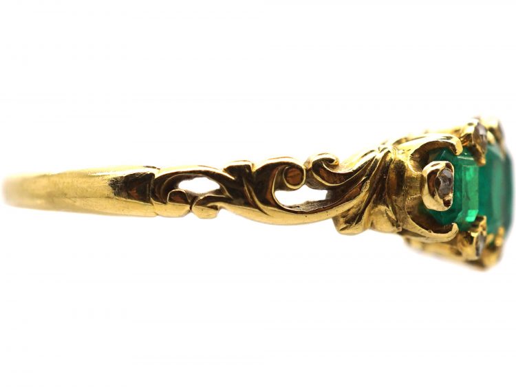 Victorian 18ct Gold, Five Stone Emerald Ring with Diamond Points