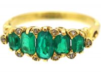 Victorian 18ct Gold, Five Stone Emerald Ring with Diamond Points