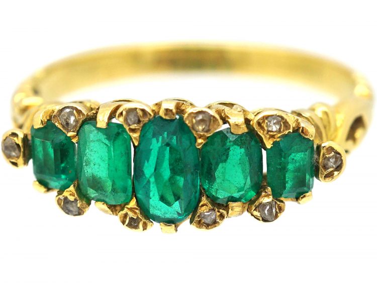 Victorian 18ct Gold, Five Stone Emerald Ring with Diamond Points