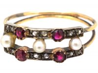 Early 20th Century Ruby, Natural Pearls & Rose Diamond Ring