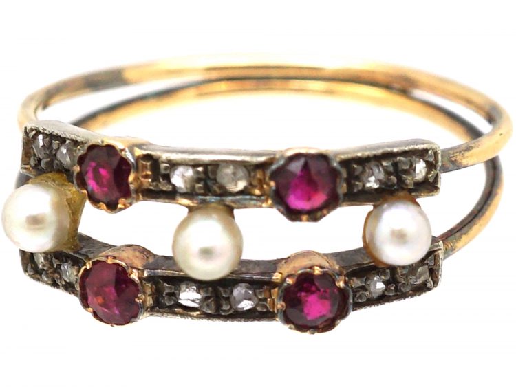 Early 20th Century Ruby, Natural Pearls & Rose Diamond Ring