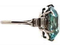 Art Deco Platinum Ring set with a Large Zircon with Baguette Diamond Shoulders