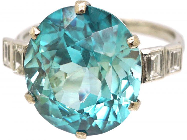 Art Deco Platinum Ring set with a Large Zircon with Baguette Diamond Shoulders