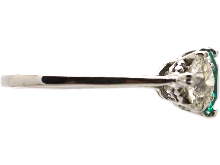 Early 20th Century Platinum, Colombian Emerald & Diamond Three Stone Ring