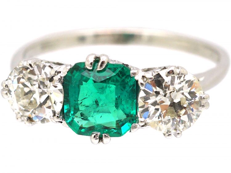 Early 20th Century Platinum, Colombian Emerald & Diamond Three Stone Ring