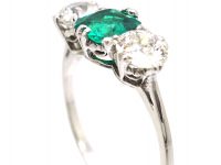 Early 20th Century Platinum, Colombian Emerald & Diamond Three Stone Ring