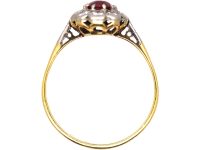 Edwardian 18ct Gold, Ruby & Diamond Cluster Ring with Diamond Set Shoulders