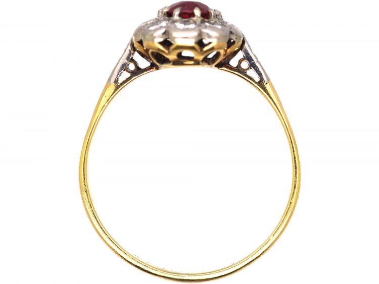 Edwardian 18ct Gold, Ruby & Diamond Cluster Ring with Diamond Set Shoulders