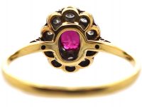 Edwardian 18ct Gold, Ruby & Diamond Cluster Ring with Diamond Set Shoulders