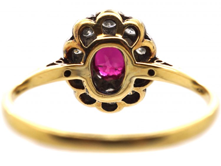 Edwardian 18ct Gold, Ruby & Diamond Cluster Ring with Diamond Set Shoulders