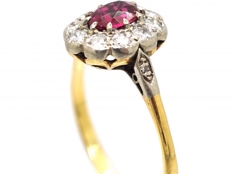 Edwardian 18ct Gold, Ruby & Diamond Cluster Ring with Diamond Set Shoulders