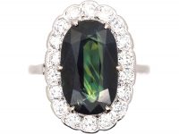 Art Deco 14ct White Gold Ring set with a Large Teal Coloured Sapphire Surrounded by Diamonds