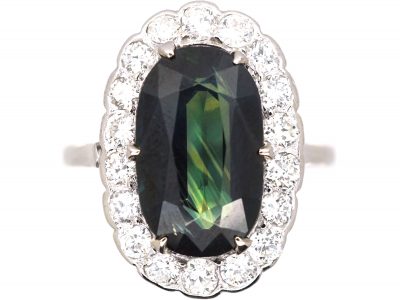 Art Deco 14ct White Gold Ring set with a Large Teal Coloured Sapphire Surrounded by Diamonds
