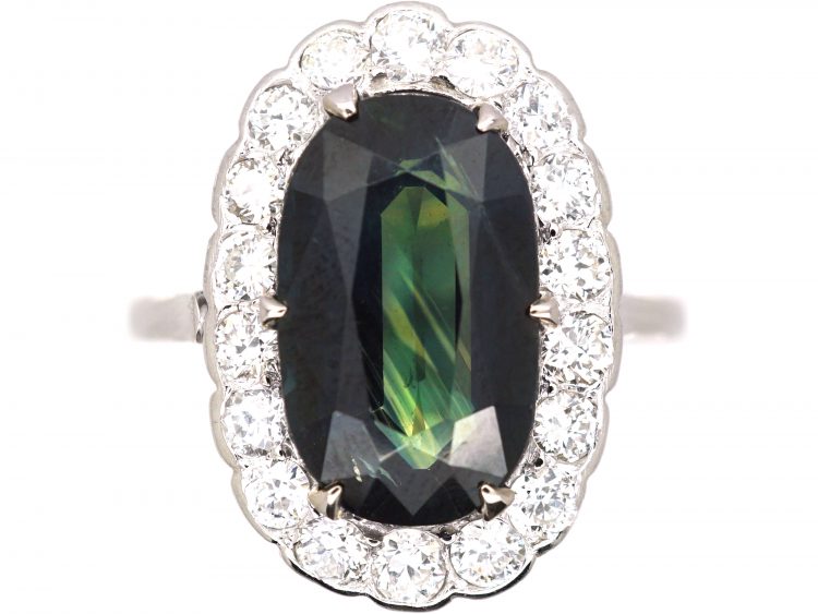 Art Deco 14ct White Gold Ring set with a Large Teal Coloured Sapphire Surrounded by Diamonds