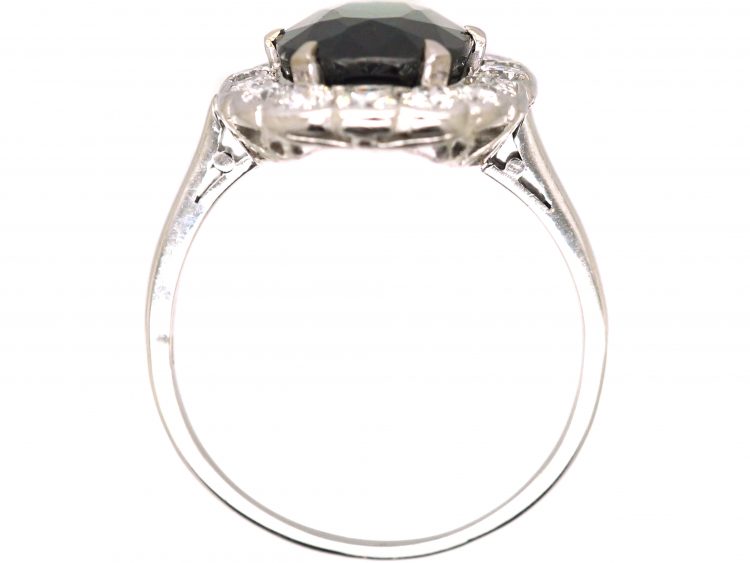 Art Deco 14ct White Gold Ring set with a Large Teal Coloured Sapphire Surrounded by Diamonds