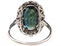 Art Deco 14ct White Gold Ring set with a Large Teal Coloured Sapphire Surrounded by Diamonds