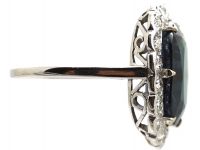 Art Deco 14ct White Gold Ring set with a Large Teal Coloured Sapphire Surrounded by Diamonds