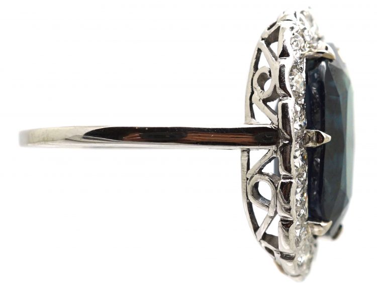 Art Deco 14ct White Gold Ring set with a Large Teal Coloured Sapphire Surrounded by Diamonds