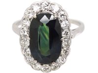 Art Deco 14ct White Gold Ring set with a Large Teal Coloured Sapphire Surrounded by Diamonds
