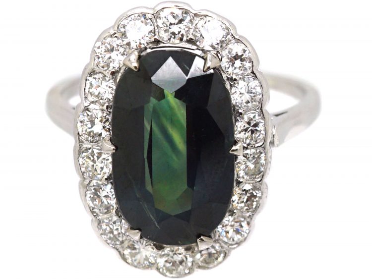 Art Deco 14ct White Gold Ring set with a Large Teal Coloured Sapphire Surrounded by Diamonds