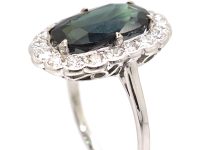 Art Deco 14ct White Gold Ring set with a Large Teal Coloured Sapphire Surrounded by Diamonds