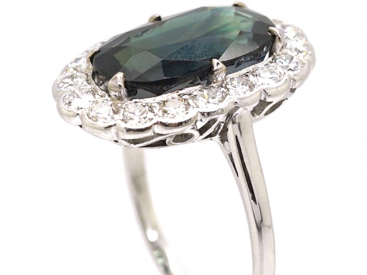 Art Deco 14ct White Gold Ring set with a Large Teal Coloured Sapphire Surrounded by Diamonds