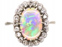 Edwardian 18ct White Gold & Platinum, Black Opal & Diamond Oval Cluster Ring
