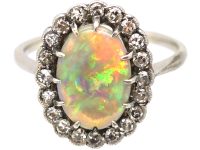 Edwardian 18ct White Gold & Platinum, Black Opal & Diamond Oval Cluster Ring
