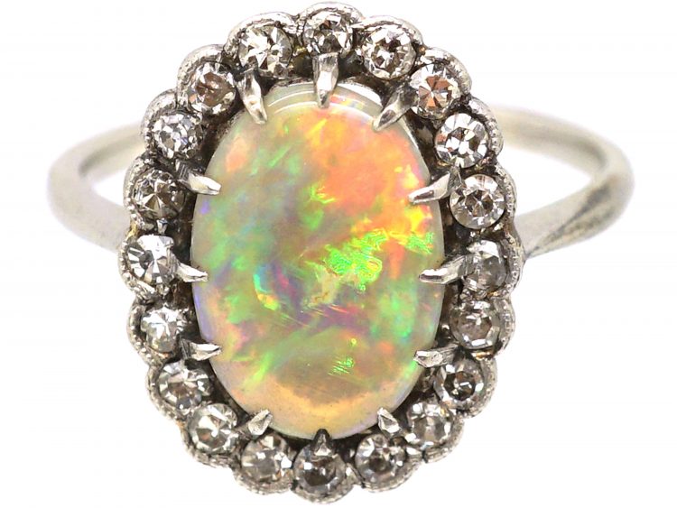 Edwardian 18ct White Gold & Platinum, Black Opal & Diamond Oval Cluster Ring