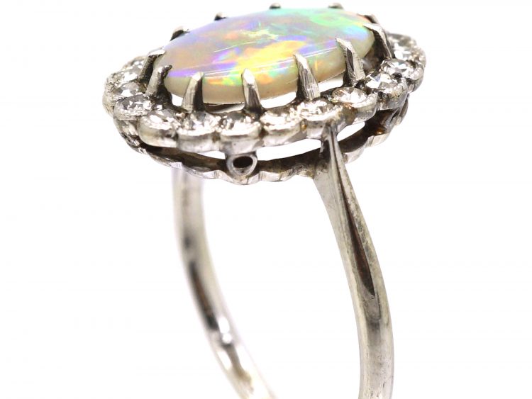 Edwardian 18ct White Gold & Platinum, Black Opal & Diamond Oval Cluster Ring