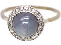 Early 20th Century 18ct White Gold, Cabochon Cut Star Sapphire & Diamond Cluster Ring