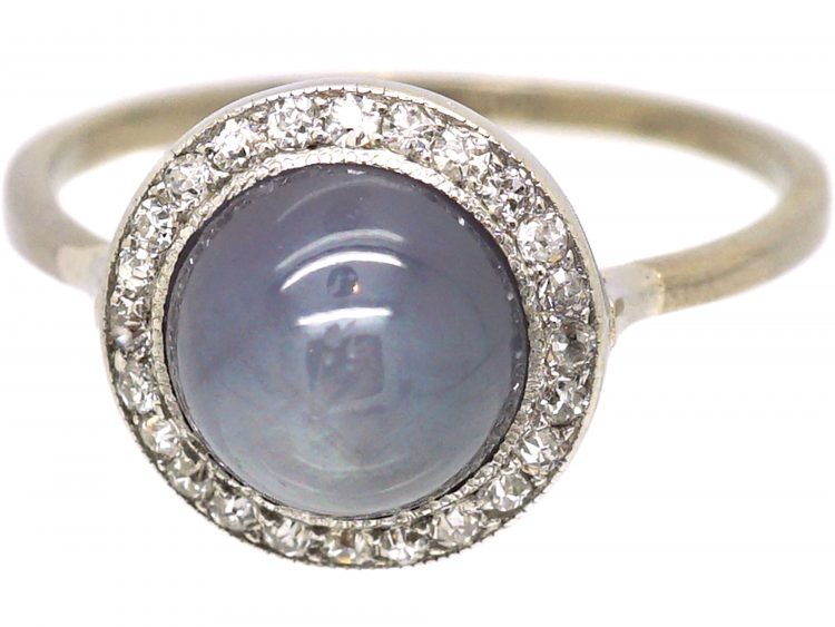 Early 20th Century 18ct White Gold, Cabochon Cut Star Sapphire & Diamond Cluster Ring