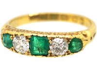 Victorian 18ct Gold, Emerald & Diamond Five Stone Ring